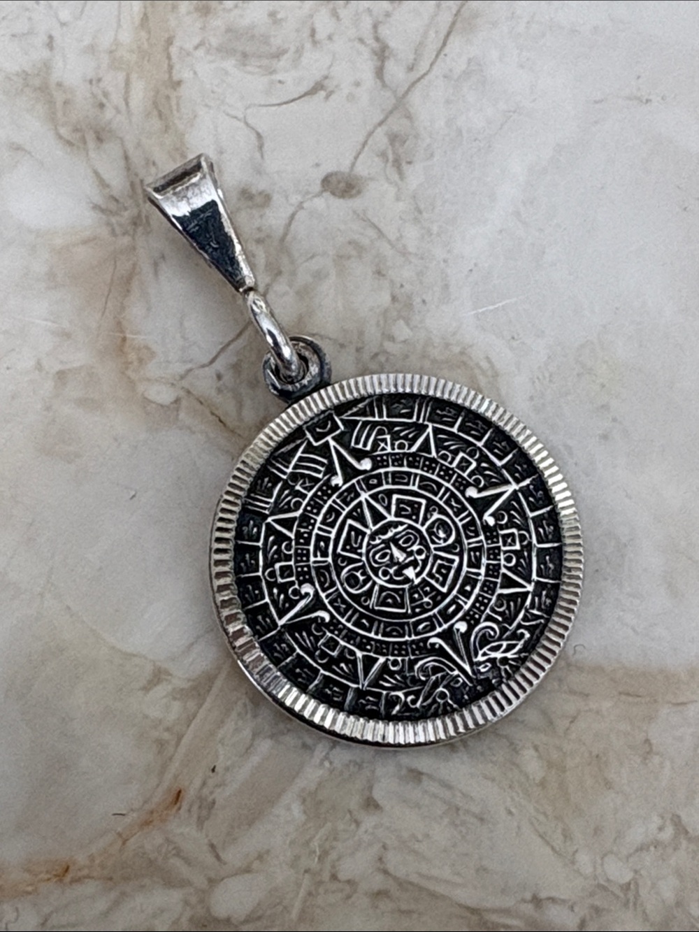 925 Sterling Silver Aztec Calendar Pendant Medallion Charm